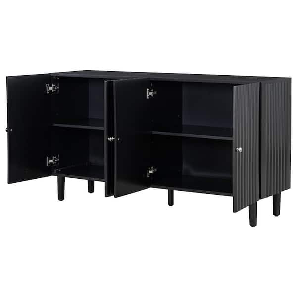Black Wood 58.1 in. Sideboards with 4-Doors, Cylindrical Legs and Sleek Metal Handles Ideal for Dining Table Area