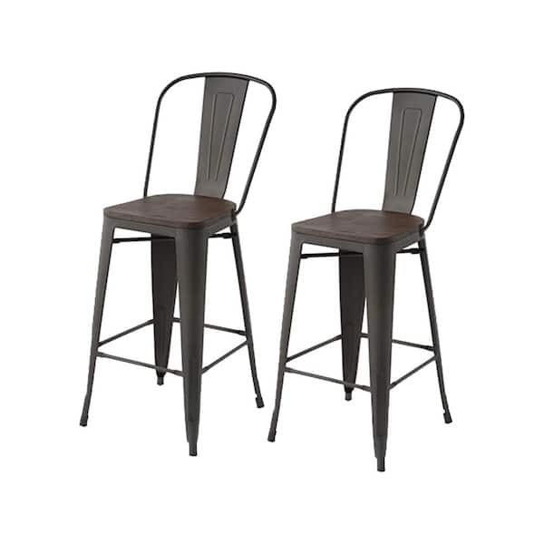 Homy Casa Thocar 44 in. Gun Slat High Back Metal Frame Bar Stool With Solid Wood Seat ( Set of 2)