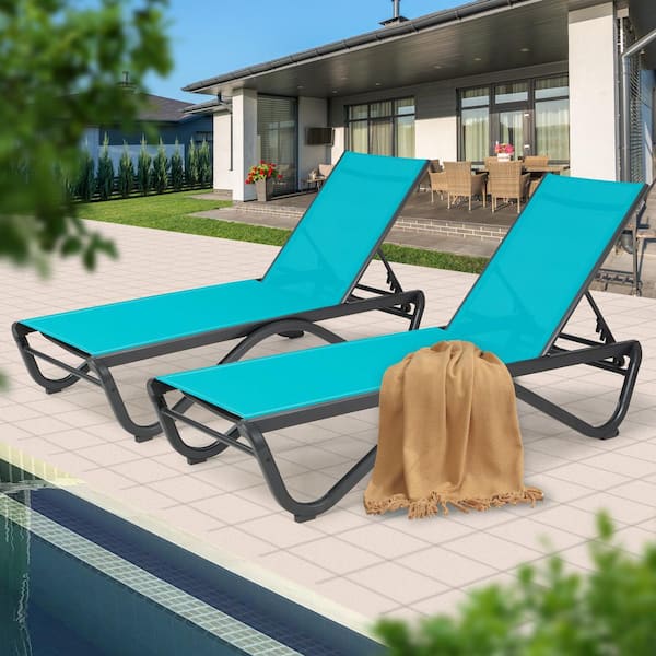 2 Packs Sturdy Aluminum Outdoor Chaise Lounge-Adjustable Reclining Sunbathing Chair with Full Flat Design (Aqua)