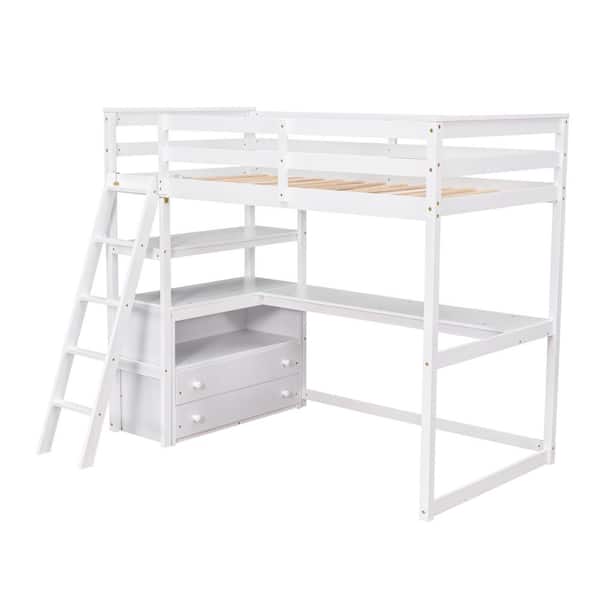 Twin Size Loft Bed with Desk and Shelves, 2 Built-in Drawers, White