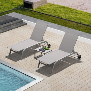 Aluminum Outdoor Patio Adjustable Backrest Pool Chaise Lounge Chairs with Wheels (Gray, 2 Lounges Plus 1 Table)