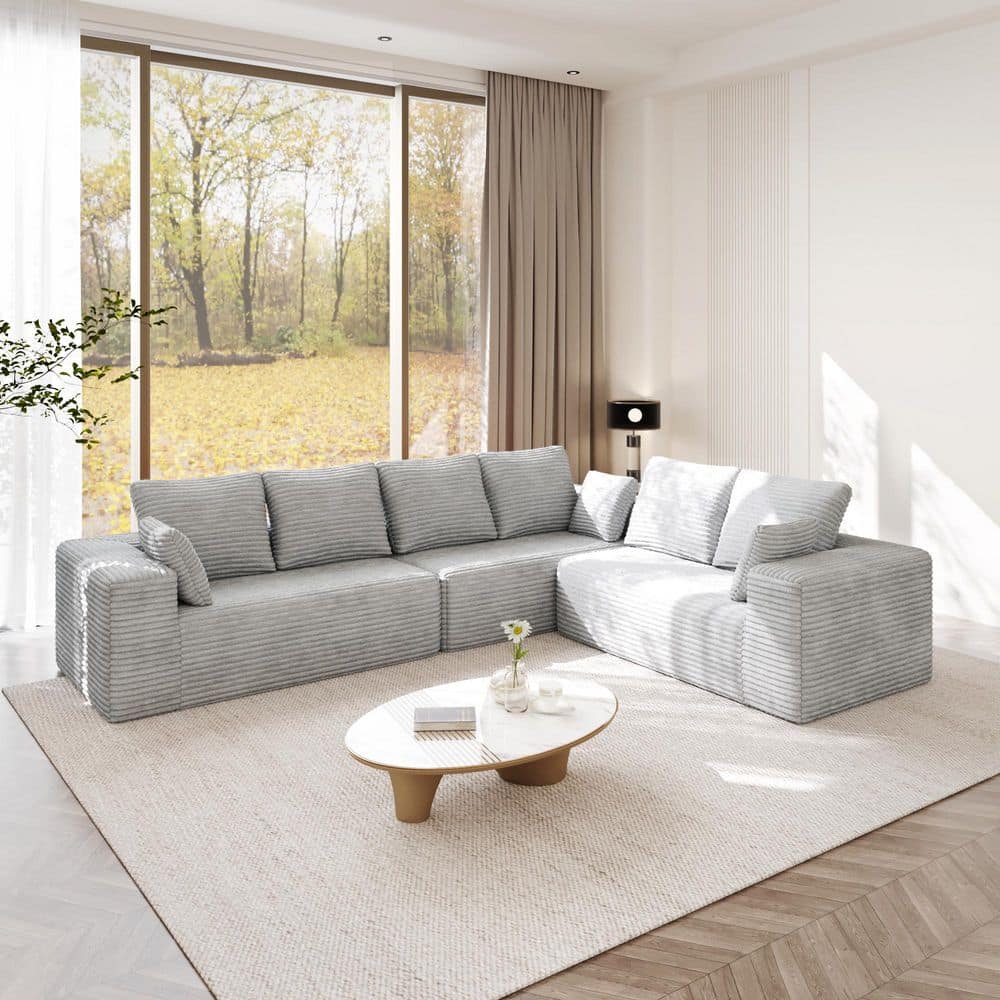 134 in. Square Arm Gray Corduroy Fabric L-Shape Memory Foam Modular Boneless Sofa with Chaise Lounge and Pillows