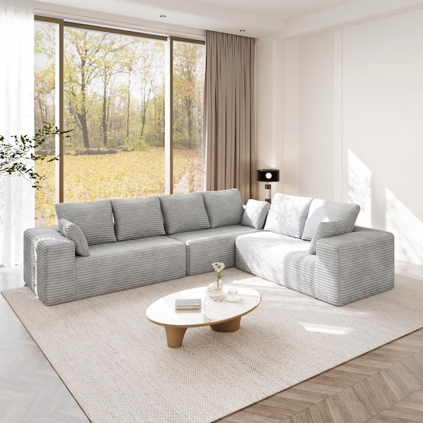 134 in. 3-Piece Gray Corduroy Fabric L-Shape Modular Boneless Sectional Sofa with Chaise Longue, Pillows
