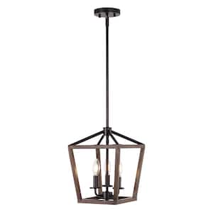 Oria 10 in. 3-Lights Oil Rubbed Bronze/Faux Wood Iron Farmhouse Industrial Lantern LED Pendant