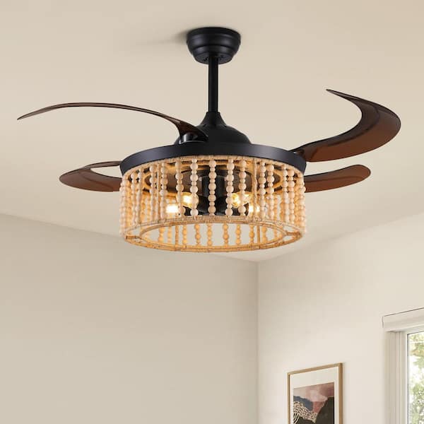 48 in. Indoor 5-Lights Bohemian Wood Bead Lampshade Black Ceiling Fan with Light Kit and Remote Control