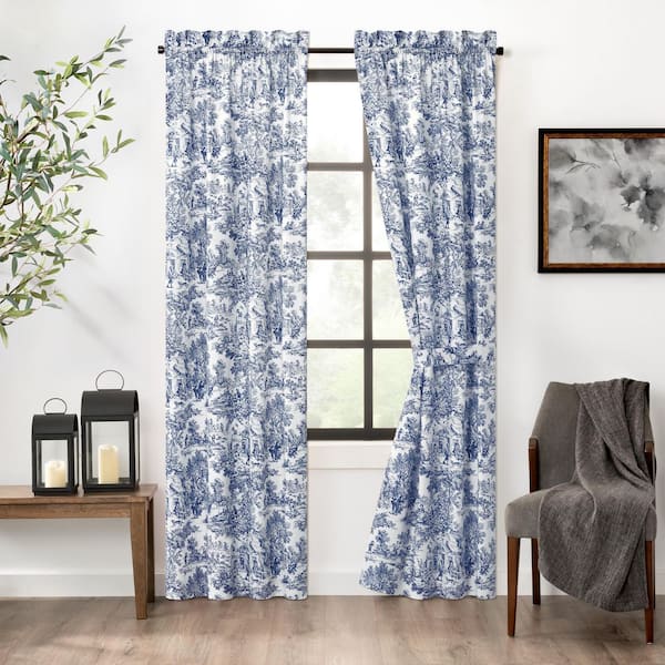 Victoria Park Blue Cotton Toile Rod Pocket Room Darkening Curtain - 34 in. W x 84 in. L (Set of 2)