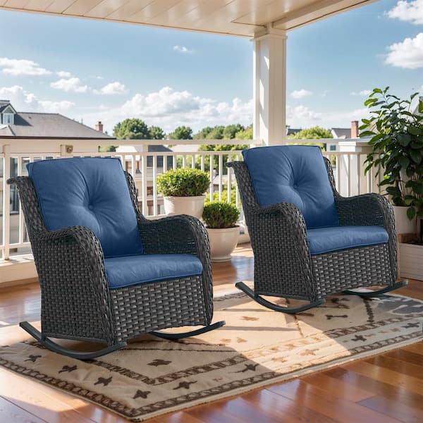 Brown Wicker Outdoor Rocking Chair, Patio Rattan Rocker Chair with Navy Blue Cushions for Garden Backyard Porch (2-Pack)