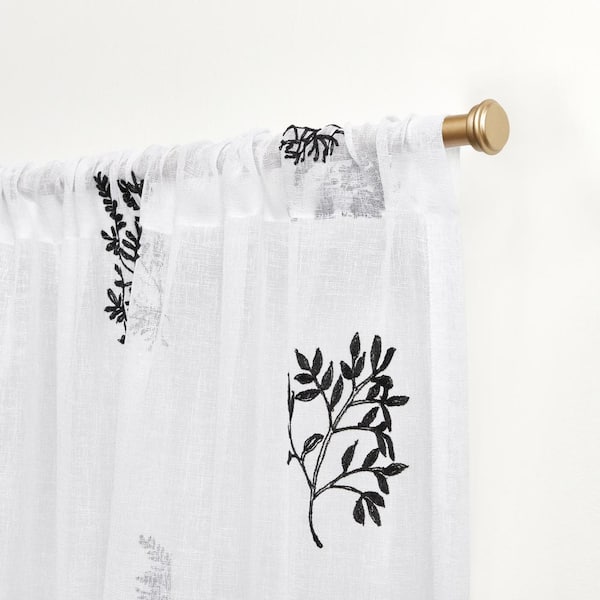 Mabel Black Floral Sheer Rod Pocket Curtain, 54 in. W x 96 in. L (Set of 2)