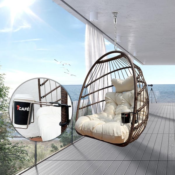 Unbranded Metal hanging outdoor patio egg chair with foldable frame and beige cushion for porch backyard balcony