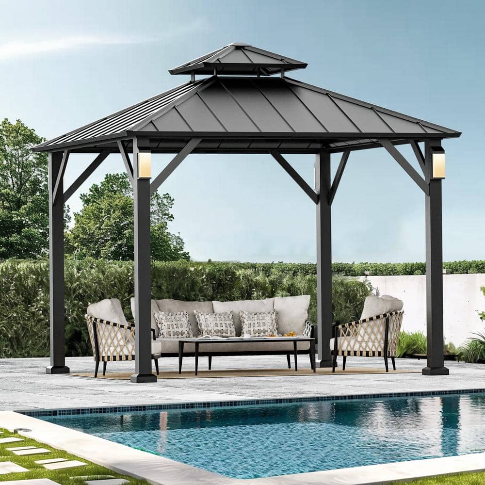 10' x 10' Black Aluminum Hardtop Gazebo with LED Lights