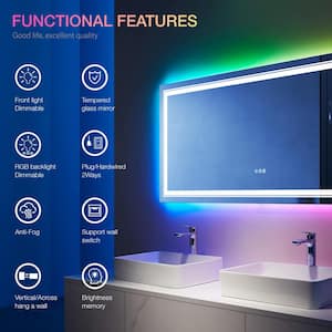 RGB 72 in. W x 36 in. H Rectangular Frameless LED Mirror Memory with Backlit Light, Anti-Fog Wall Bathroom Vanity Mirror