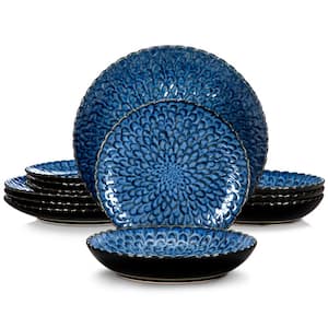 Chrys 12-Piece Blue Stoneware Dinnerware Set Plates Bowls Set Service for 4