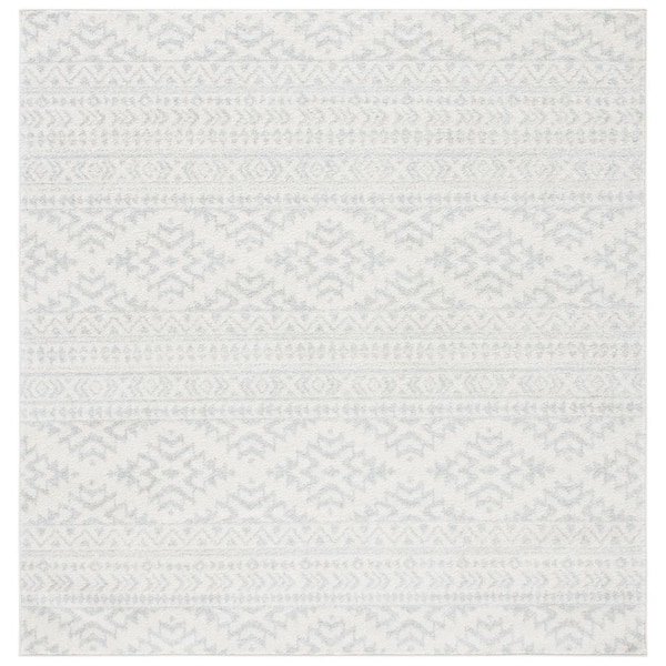 Tulum Ivory/Light Gray 7 ft. x 7 ft. Square Tribal Geometric Striped Area Rug