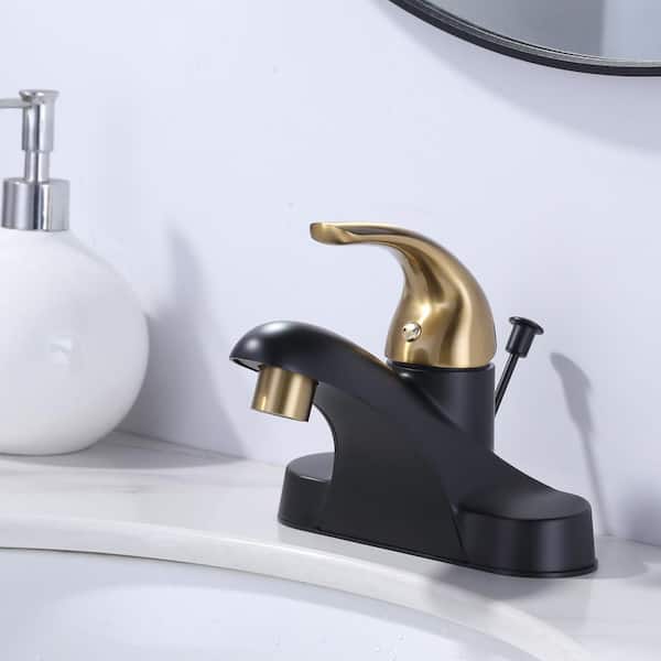 4 in. Center Set Single Handle Low Arc Bathroom Faucet with Drain Kit Included in Black and Gold