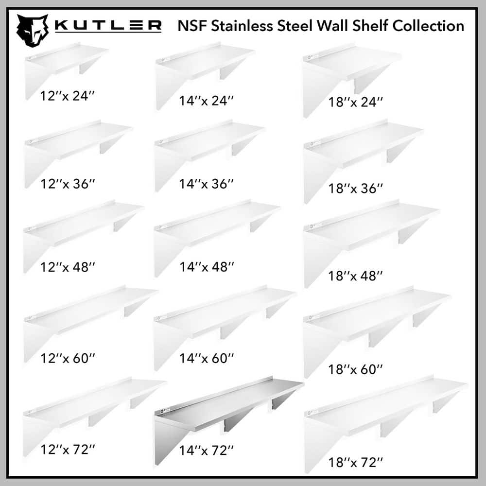 KUTLER 14" x 72" Stainless Steel Kitchen Wall Shelf with Backsplash