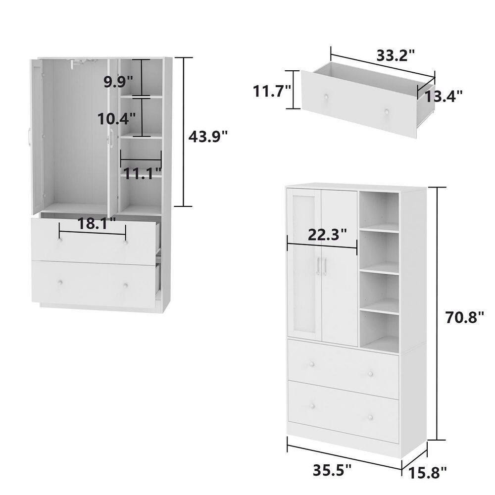 White Wood Armoires Wardrobe W/Mirror, Pulling Hanging Rod, Drawers and Shelves( 15.8 in. D x 35.5 in. W x 70.8 in. H) - thumbnail 3