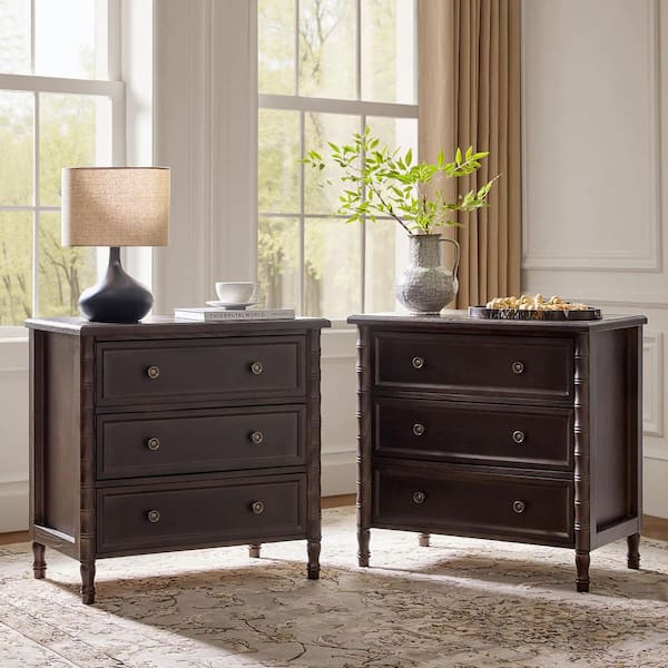 Fay Walnut Transitional 3-Drawer 28 in. W Nightstand with Charging Station Set of 2