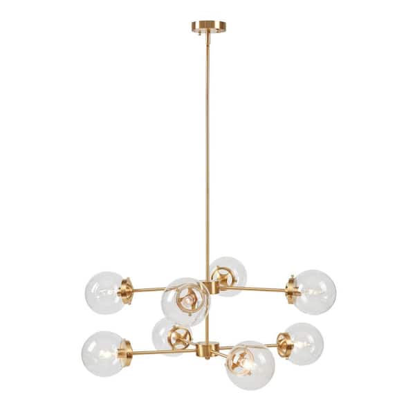 8-Light Metal Gold Chandelier with Globe Bulbs Gold with Clear See Below, Adjustable Height