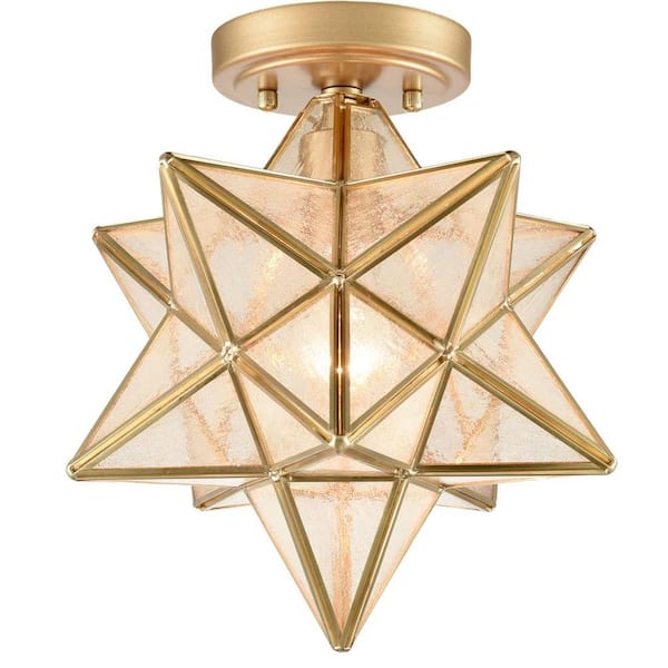 CLAXY 11.81 in. 1-Light Gold Modern Semi-Flush Mount with Seeded Glass Shade and No Bulbs Included 1-Pack