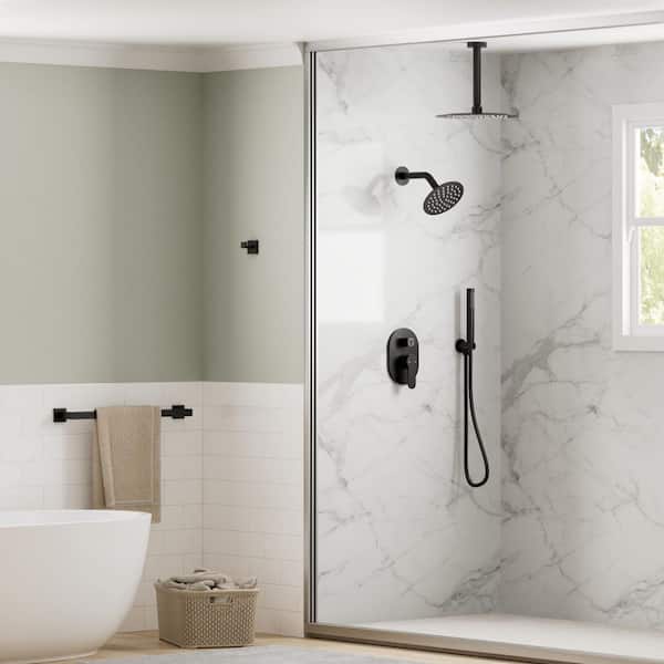 ClassicRain 10in. and 6in. 3-Spray Dual Ceiling Mount Fixed and Handheld Shower Head 2.5 GPM in Matte Black with Valve