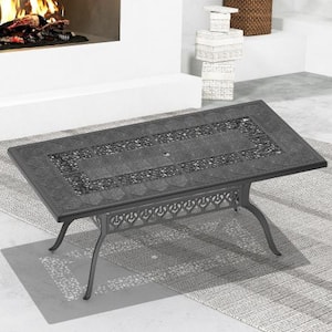 68.9 in. Cast Aluminum Rectangle Patio Outdoor Dining Table with Black Frame and Umbrella Hole