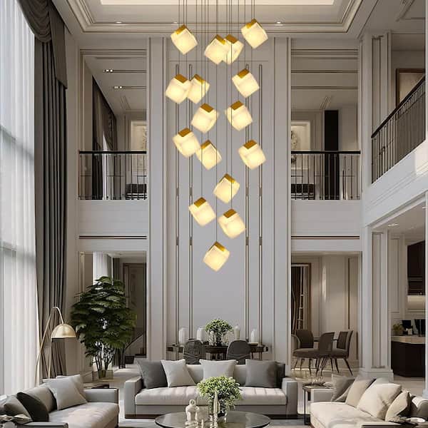 16 Light Gold Modern Staircase Chandeliers, Marble Large Chandeliers for High Ceilings Living Room Stairway Foyer
