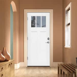 36 in. x 80 in. Right-Hand Craftsman 3 Lite Modern White Painted Fiberglass Prehung Front Door with Brickmould