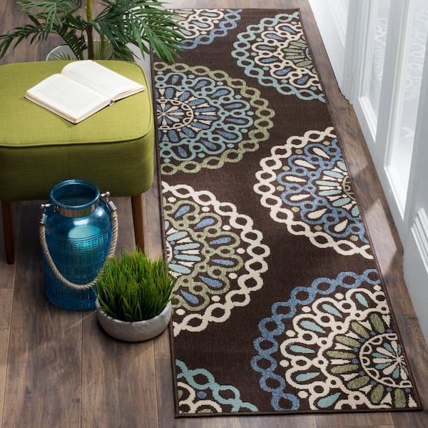 Veranda Chocolate/Blue 2 ft. x 8 ft. Floral Indoor/Outdoor Patio  Runner Rug
