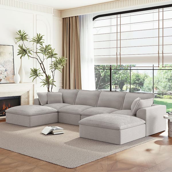142 in. W Fully Compressed U-Shaped Corduroy Modular Sectional Sofa in. Gray with Ottomans and No Assembly