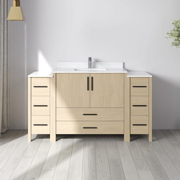 Nodus 60 in. W x 22 in. D x 34 in. H Single Sink Freestanding Bath Vanity in Oak with White Carrara Cultured Marble Top