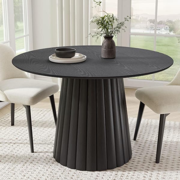 Lirago Round Black Wood 46 in. Column Base Dining Table Seats 4