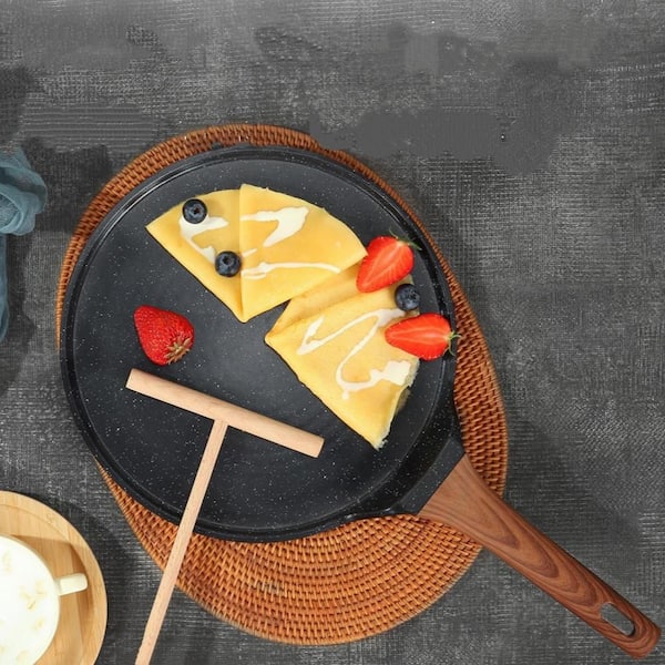 Wudkey 11 in. Black Crepe Pan with Spreader, Nonstick Aluminum
