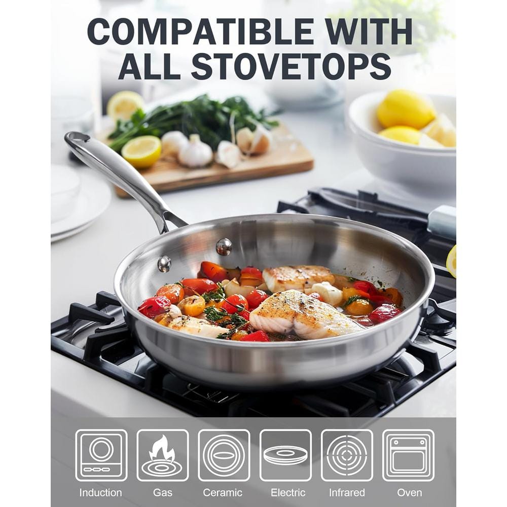 10-Inch Silver Stainless Steel Multi-Ply Clad Fry Pan with Lid