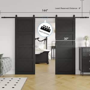 60 in. x 84 in.（Two 30 in. Slabs）Black 4 Lite Wave Shape Prefinished Sliding Barn Door with Hardware Kit