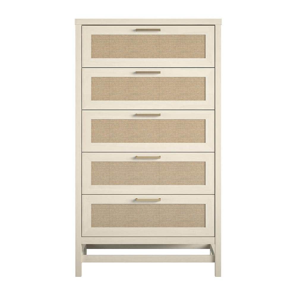 Leeland 5-Drawer Ivory Oak with Faux Rattan Chest of-Drawers (55.63 in. x 3