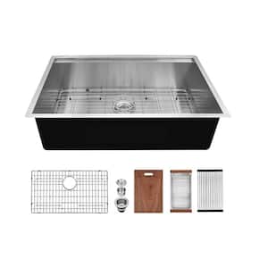 30 in. Undermount Single Bowl 18 Gauge Brushed Chrome Stainless Steel Kitchen Sink with Bottom Grids