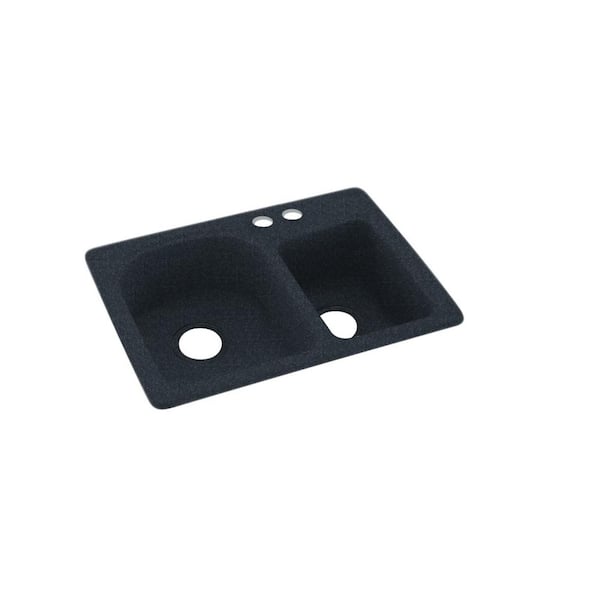 Dual-Mount Solid Surface 25 in. x 18 in. 2-Hole 60/40 Double Bowl Kitchen Sink in Black Galaxy