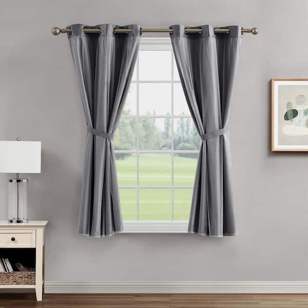 CREATIVE HOME IDEAS Augusta Charcoal Grey 38 in. W x 63 in. L Grommet Blackout Tiebacks Curtain with Sheer Overlay (2-Panels and 2-Tiebacks)
