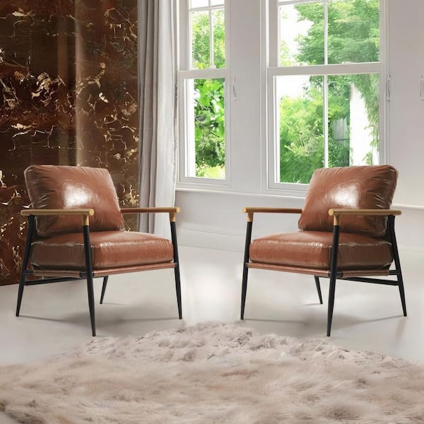 Uixe Modern Brown Faux Leather Upholstered Arm Chair with Metal Legs(Set of 2)