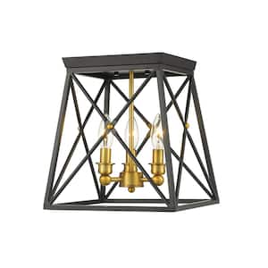Trestle 11 in. 3-Light Matte Black and Olde Brass Flush Mount Light with No Bulbs Included