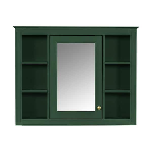 35.03 in. W x 27.5 in. H Green Rectangular Wood MDF Medicine Cabinet with Mirror, 6-Open Shelves