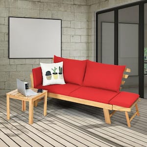 Adjustable Patio Sofa Daybed Acacia Wood Furniture with Red Cushions