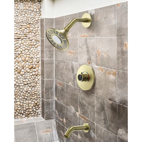 GRANDJOY Smart LED Grain Single Handle 2-Spray Wall Mount 5 in. Tub and Shower Faucet 2.5 GPM in Brushed Gold Valve Included