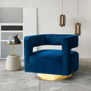 Bettina Contemporary Navy Velvet Comfy Swivel Barrel Chair with Open Back and Metal Base