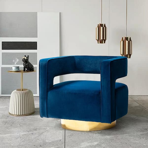JAYDEN CREATION Bettina Contemporary Navy Velvet Comfy Swivel Barrel Chair with Open Back and Metal Base