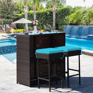 3-Pieces Rattan Patio Bar Table and Stool Set Dining Set with Turquoise Cushion