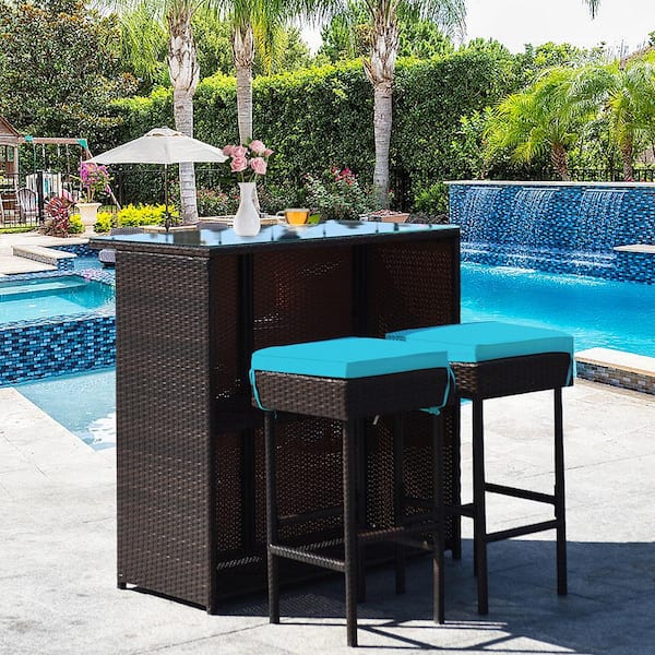 3-Pieces Rattan Patio Bar Table and Stool Set Dining Set with Turquoise Cushion