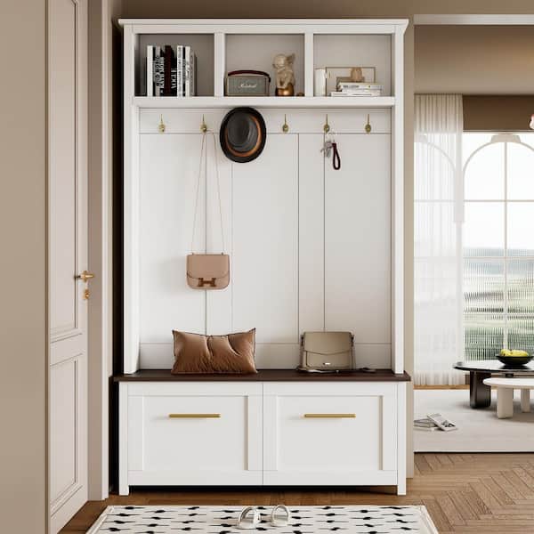 76.6 in. 4-in-1 White Wood Hall Tree w/ Bench, Entryway Coat Rack with 6-Golden Hooks and 2-Drawers, Entryway Hall Tree