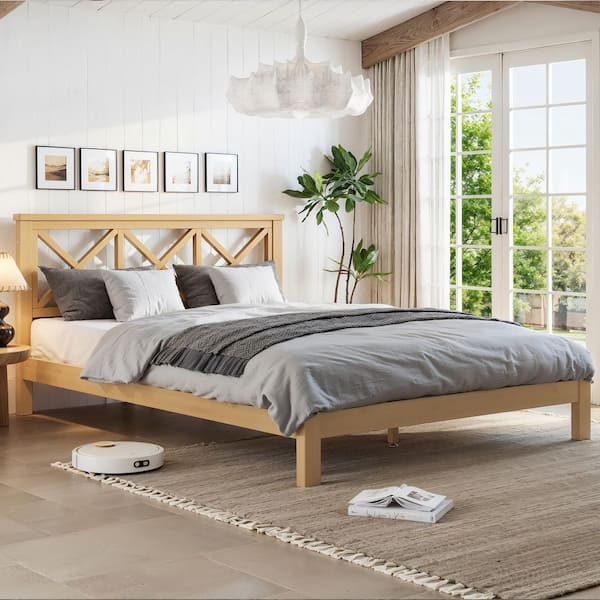 Natural/Brown Bamboo Frame Full Size Platform Bed with ''X'' Design Headboard, Suppport Slats