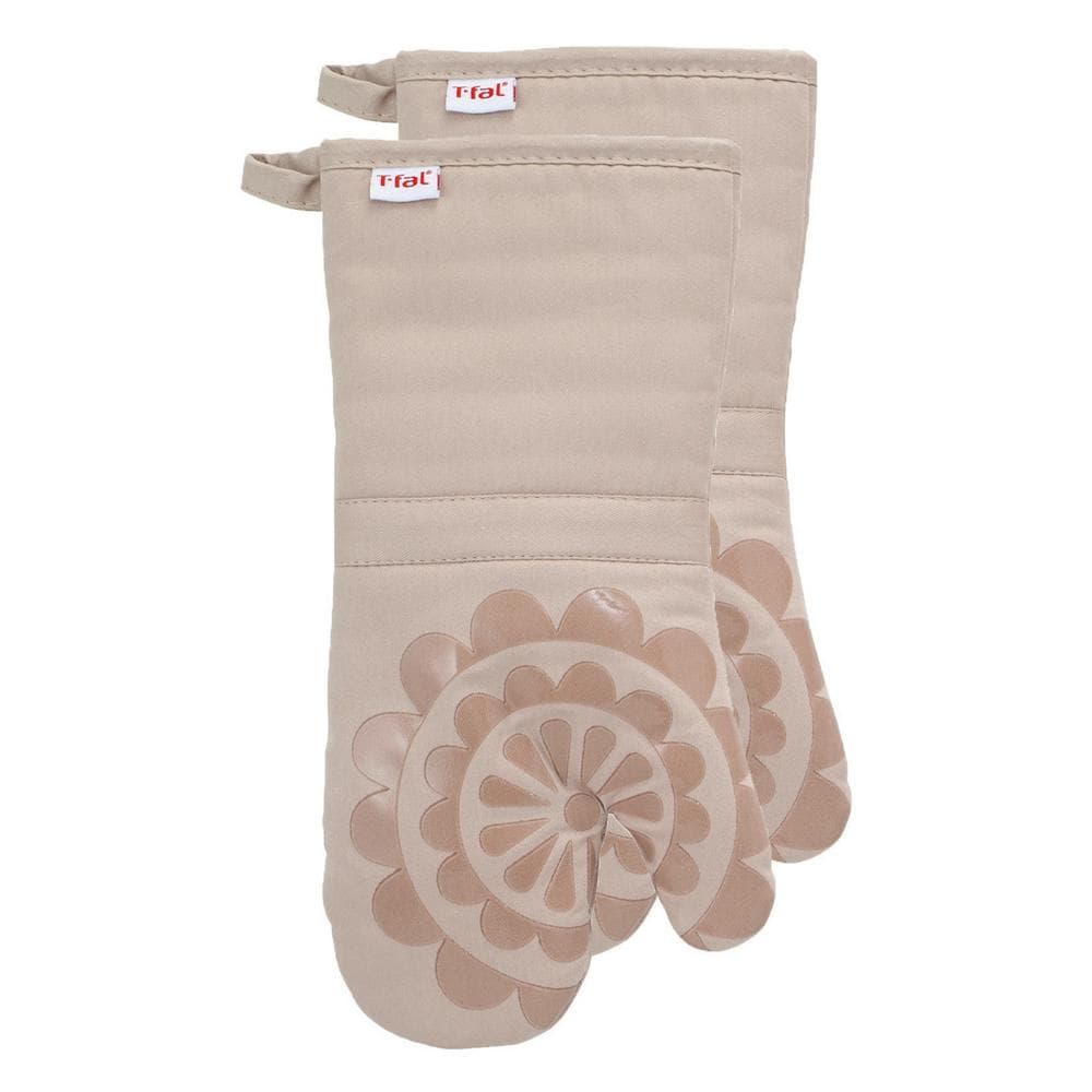 Sand Silicone and Cotton Floral Oven Mitts, Two Pack